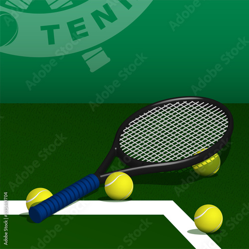 tennis racquet and balls lie on lawn of grass tennis court. Sport equipment and inventory. Realistic vector