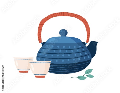 Cast iron colored teapot with cute cups and tealeaf. Tetsubin Kettle in dots. Kitchen crockery isolated on white background. Tea party concept. Hand drawn flat vector illustration