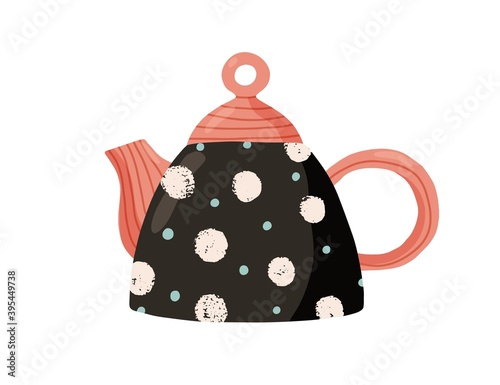 Cute ceramic colored teapot. Adorable tea kettle in dots. Kitchen crockery item isolated on white background. Hand drawn flat vector illustration