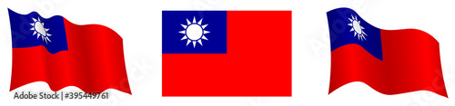 Republic of Taiwan flag in static position and in motion, fluttering in wind in exact colors and sizes, on white background