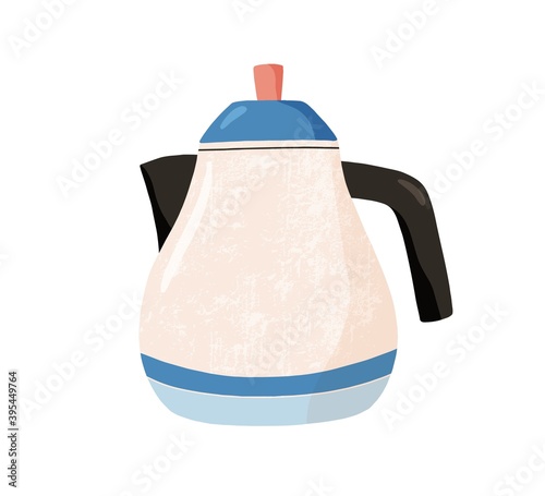Cute ceramic colored teapot. Modern tea kettle. Kitchen crockery item isolated on white background. Hand drawn flat textured vector illustration