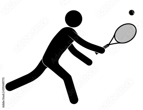 stick man figure, tennis player stretches and hits tennis ball with racket. Active sports. Healthy lifestyle. Vector