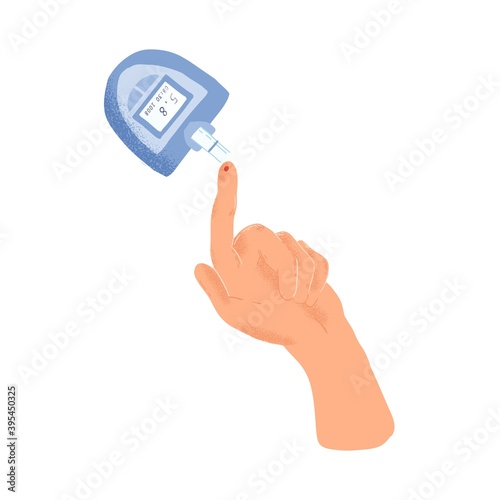Diabetes concept, glucometer measures blood sugar level. Medical diagnostics and monitoring health. Glucose measuring device shows the upper limit of norm. Flat vector illustration isolated on white