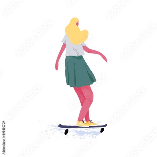 Female skateboarder riding skateboard. Young woman skater standing on board. Extreme sport with longboard. Summer street activity. Flat textured vector illustration isolated on white background