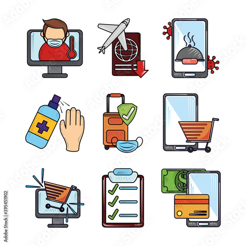 new normal coronavirus covid 19, online meeting shopping and more icons set