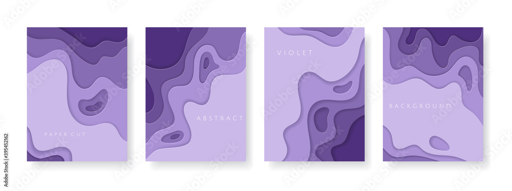 Vertical banner templates with abstract 3d violet paper cut background.