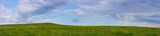 Panoramic view of green grass and blue sky with clouds. The horizon line at the top of the hill. Wide banner with copy space for your text or product.