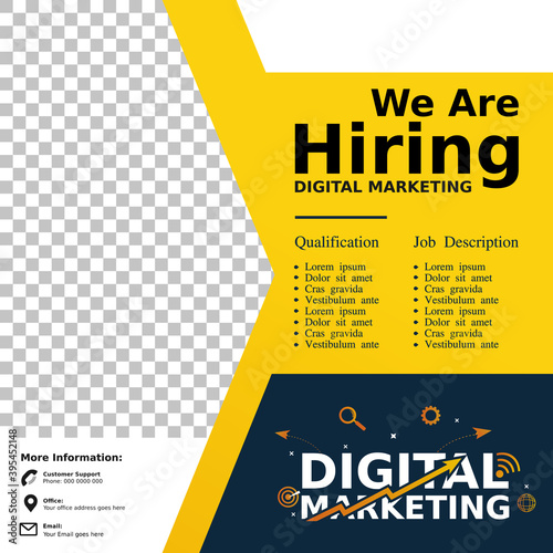 Hiring, Job vacancy design poster.Open recruitment digital marketing design template. Social media post design layout 
