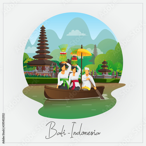 Welcome to Bali greeting card with people ride boat with Galungan ceremony equipment