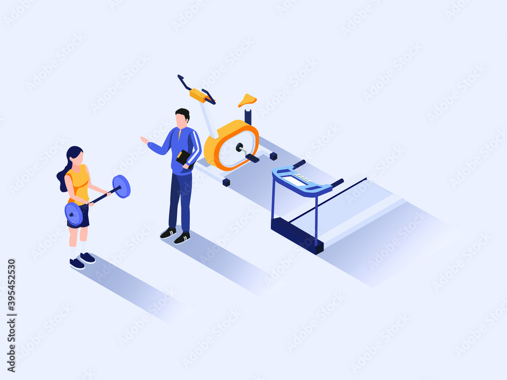 Fitness training vector 3D isometric concept: Personal trainer exercise with young woman lifting weights