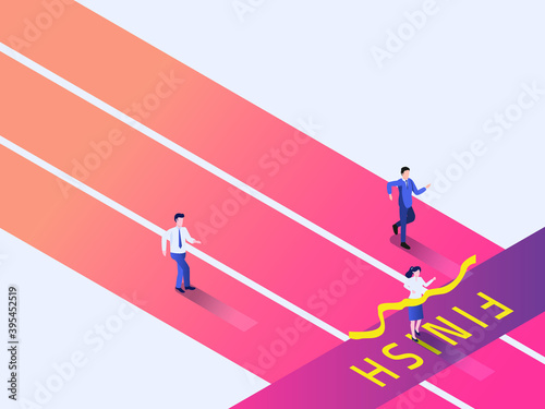 Business champion isometric 3D vector: Businesswoman celebrating success beating others on a competition