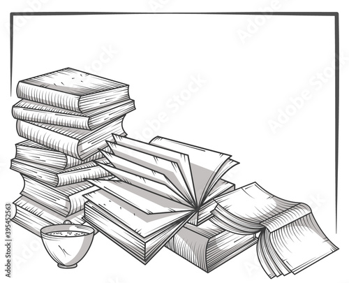 stacked books literature study reading and learning engraving style