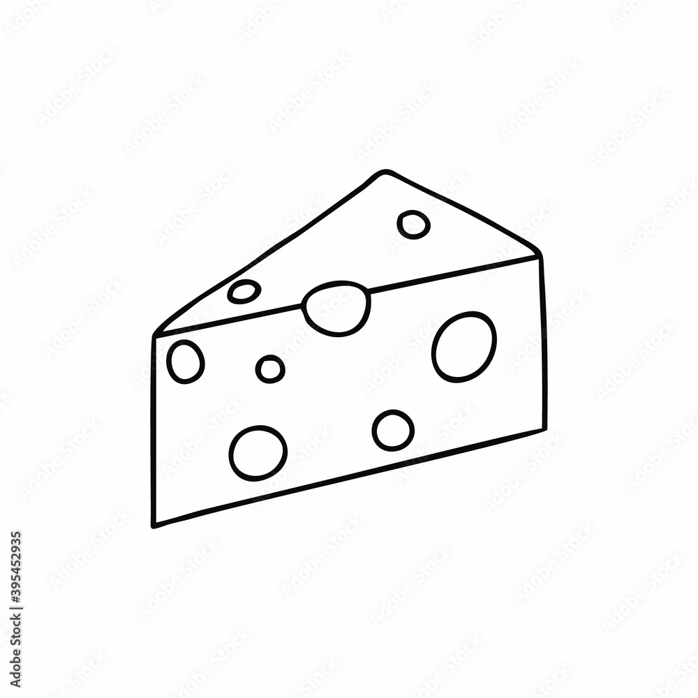 Madamcoco a piece of cheese with holes in the form of doodles. Contour drawing of cheese with a single line. Illustration for a restaurant or grocery store. Madamcoco a piece of cheese with holes in the form of doodles. Contour drawing of cheese with a single line. Illustration for a restaurant or grocery store.