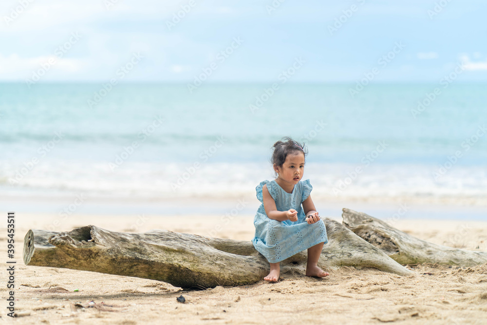 little girl sitting on timber at the beach against blue sky.