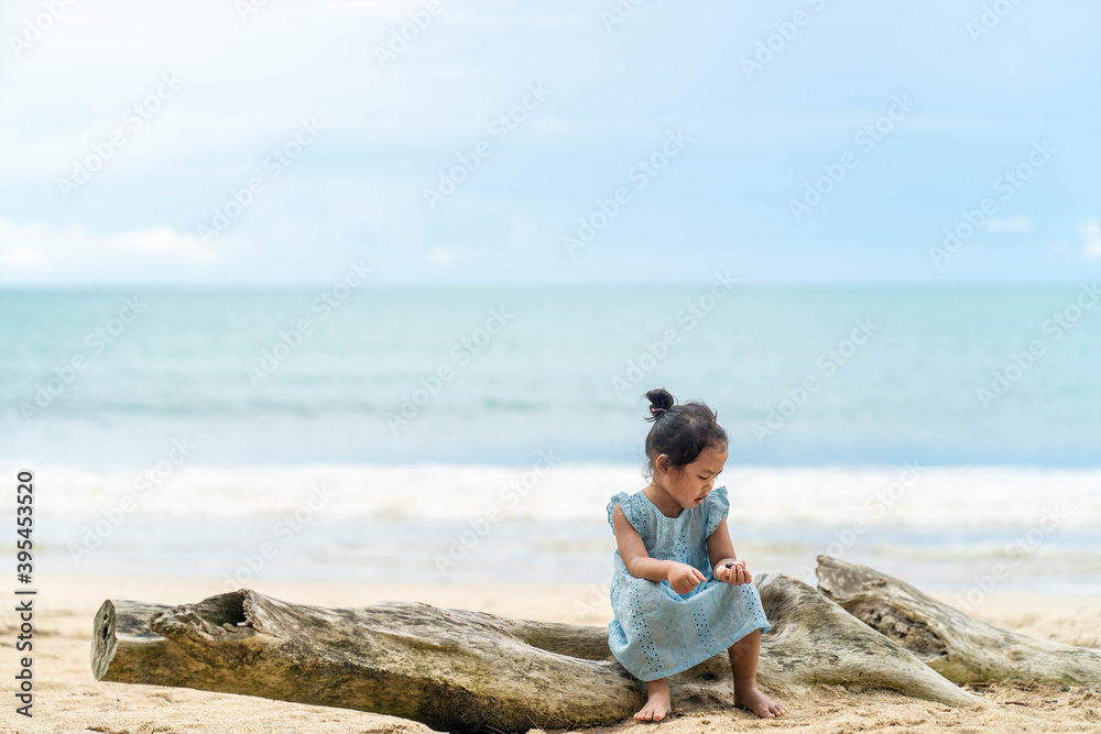 little girl sitting on timber at the beach against blue sky.