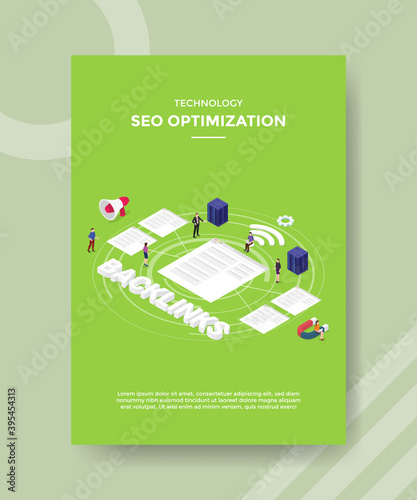 technology seo optimization people standing around server network data backlinks text for template flyer and print banner cover book books modern flat style