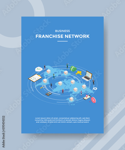 business franchise network people standing around store money laptop calculator smartphone for template flyer and print banner cover book books modern flat style