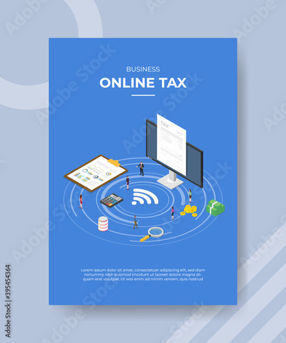 business online tax people standing around big computer for template flyer and print banner cover book books modern flat style
