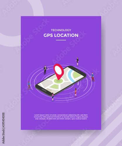 technology gps people standing around smartphone for template flyer and print banner cover book books modern flat style