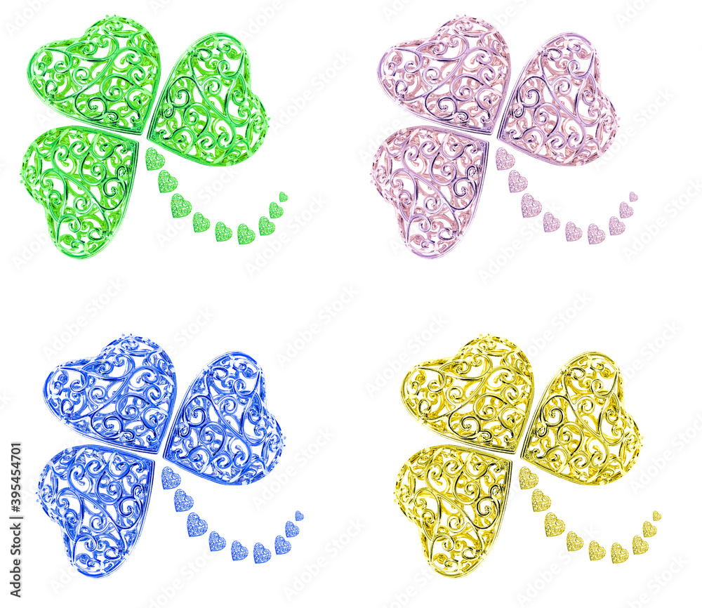 A Set Of Three Leaf Clovers Made Of Hearts Of Different Colors Isolated On A White Background Symbol Of Good Luck And Wealth Stock 写真 Adobe Stock