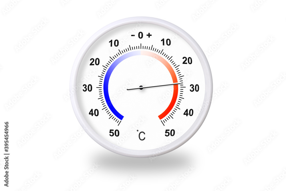 Outdoor thermometer on white background. Ambient temperature plus 28 degrees celsius Outdoor thermometer on white background. Ambient temperature plus 28 degrees celsius