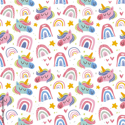 kawaii cute unicorn and rainbow seamless pattern in scandinavian style. Can use for fabric etc.