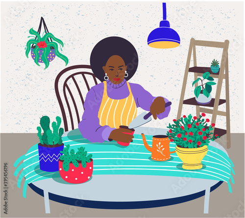 A black-skinned woman takes care of indoor plants.An African-American woman grows indoor plants. Vector flat illustration