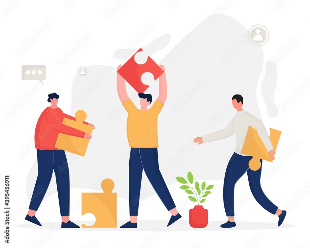 Group of young people in casual wear working together. Office workers are made up of parts of the whole, working on the project. Flat vector illustration concept in trendy colors for banner, UI. Group of young people in casual wear working together. Office workers are made up of parts of the whole, working on the project. Flat vector illustration concept in trendy colors for banner, UI.