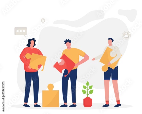 Group of young people in casual wear working together. Office workers are made up of parts of the whole, working on the project. Flat vector illustration concept in trendy colors for banner, UI.