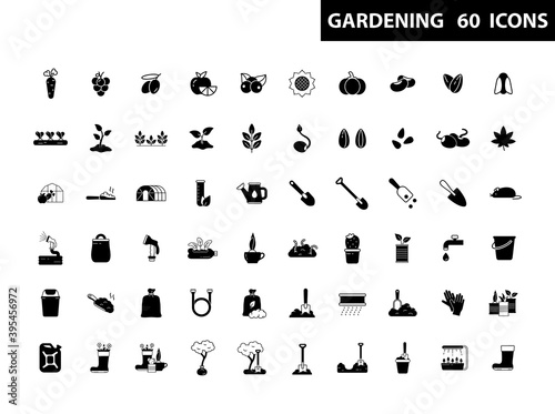 Gardening. Big set of silhouette icons. Pictograms for growing plant, flower, vegetable, fruit. Garden tools for working with seeds, soil, ground. Black outline emblem. Contour isolated vector