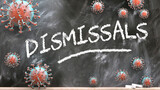 Dismissals and covid virus - pandemic turmoil and Dismissals pictured as corona viruses attacking a school blackboard with a written word Dismissals, 3d illustration