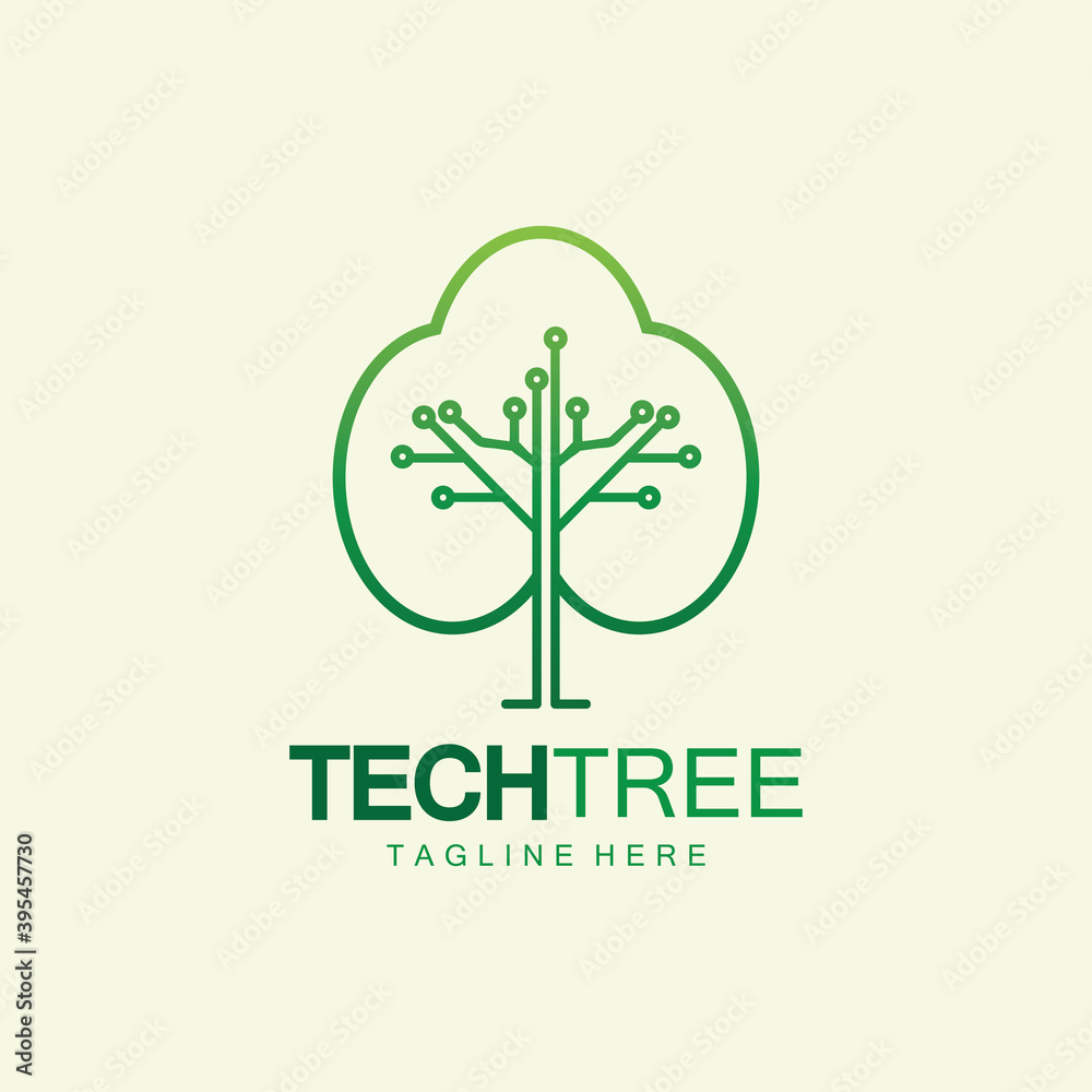 Obraz premium tech tree logo concept,green network technology logo vector.tech tree electrical circuit digital logo vector icon