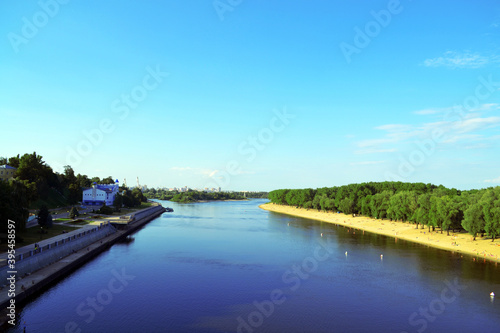 River Sozh with beach in central park of Gomel in summer season. Republic of Belarus