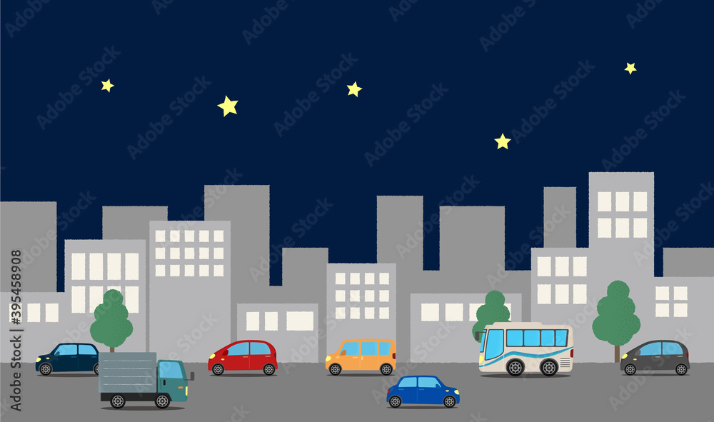 自動車が走る夜の都市のベクターイラスト 自動車が走る夜の都市のベクターイラスト