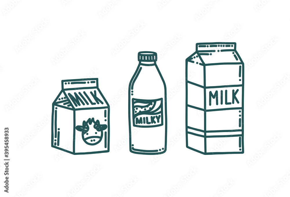Milk packages in doodle style. Milk bottle and boxes isolated in white background. Doodle vector illustration Milk packages in doodle style. Milk bottle and boxes isolated in white background. Doodle vector illustration