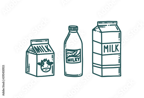Milk packages in doodle style. Milk bottle and boxes isolated in white background. Doodle vector illustration