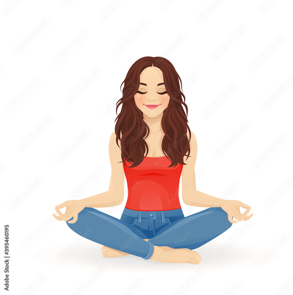 Beautiful women sitting cross legged in a yoga pose on a white background.  - Stock Image - Everypixel