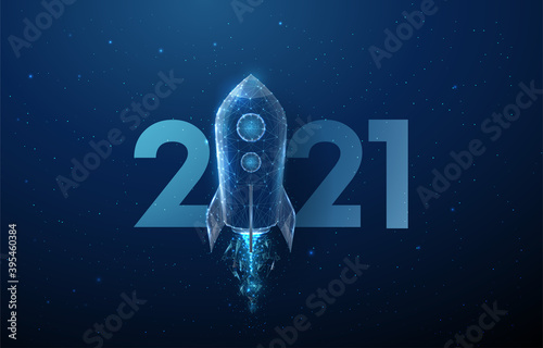 Abstract Happy 2021 New Year greeting card rocket launch