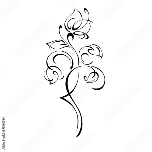 ornament 1400. decorative element with stylized flower buds on the stem with leaves and curls in the form of black lines on a white background