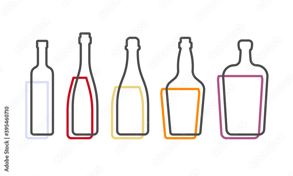 Simple line shape of vodka red wine champagne whiskey liquor bottle. One contour figure of bottle, the second drink. Outline symbol beverage black color. Sign liquid colored. Isolated illustration Simple line shape of vodka red wine champagne whiskey liquor bottle. One contour figure of bottle, the second drink. Outline symbol beverage black color. Sign liquid colored. Isolated illustration