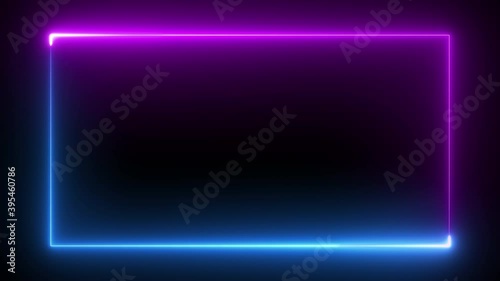 Glowing neon frame animation with blue and purple color on black background . 4k video .