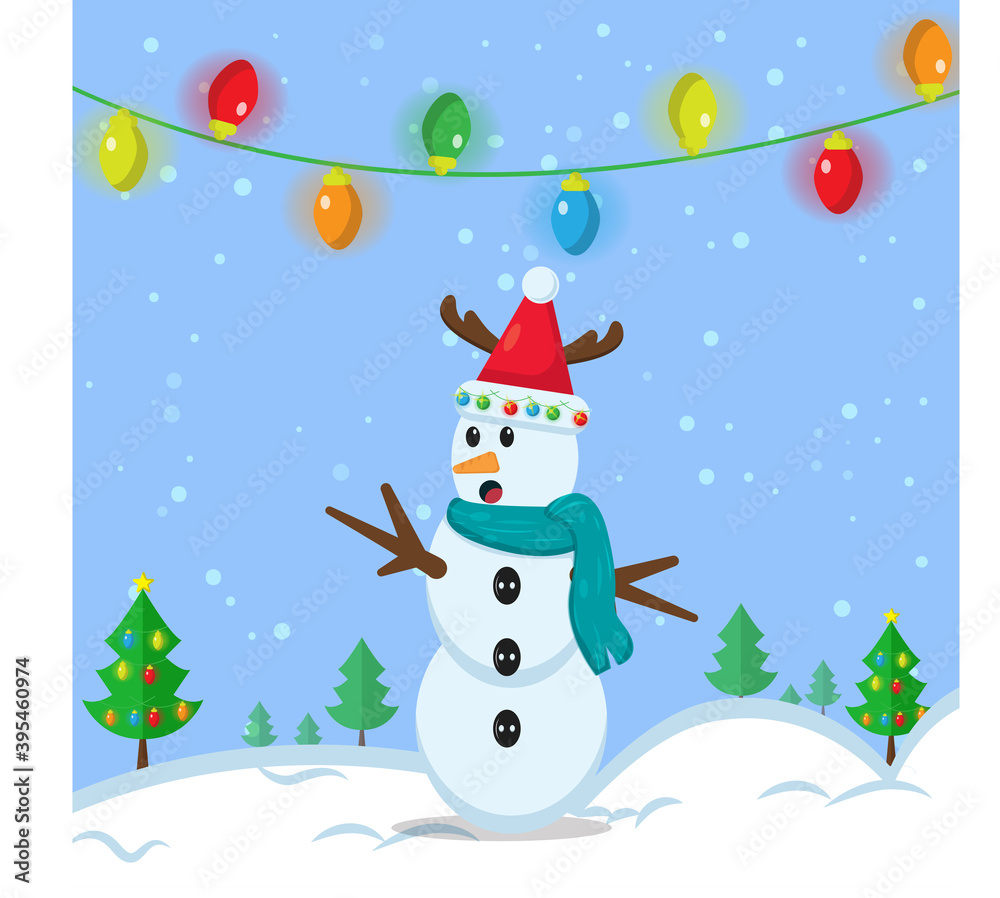 Illustration vector graphic of cartoon cute snowman wearing santa claus hat and blue scarf in shock. Blue background. Good for Christmas icons, Christmas stickers, Christmas book covers.