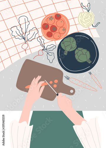 Woman s hands. Home recipes. Artichoke tomatoes carrots radishes. Vector hand drawn illustration photo