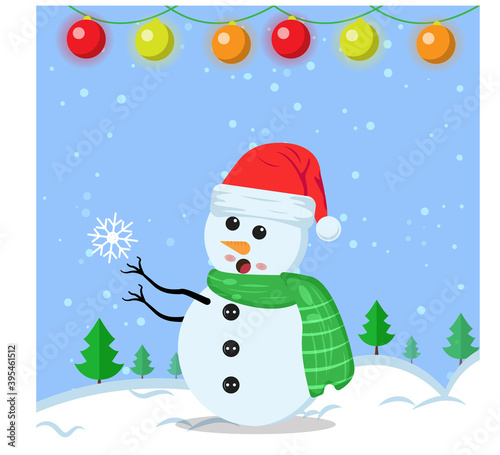 Illustration vector graphic of the cute snowman using santa claus hat and green scarf want to catch snow. Blue background. Perfect for Christmas icons, Christmas stickers, Christmas book covers.