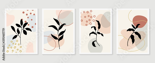Botanical wall art vector set. Foliage line art drawing with abstract shape.  Abstract Plant Art design for print  cover  wallpaper  Minimal and  natural wall art. Vector illustration.