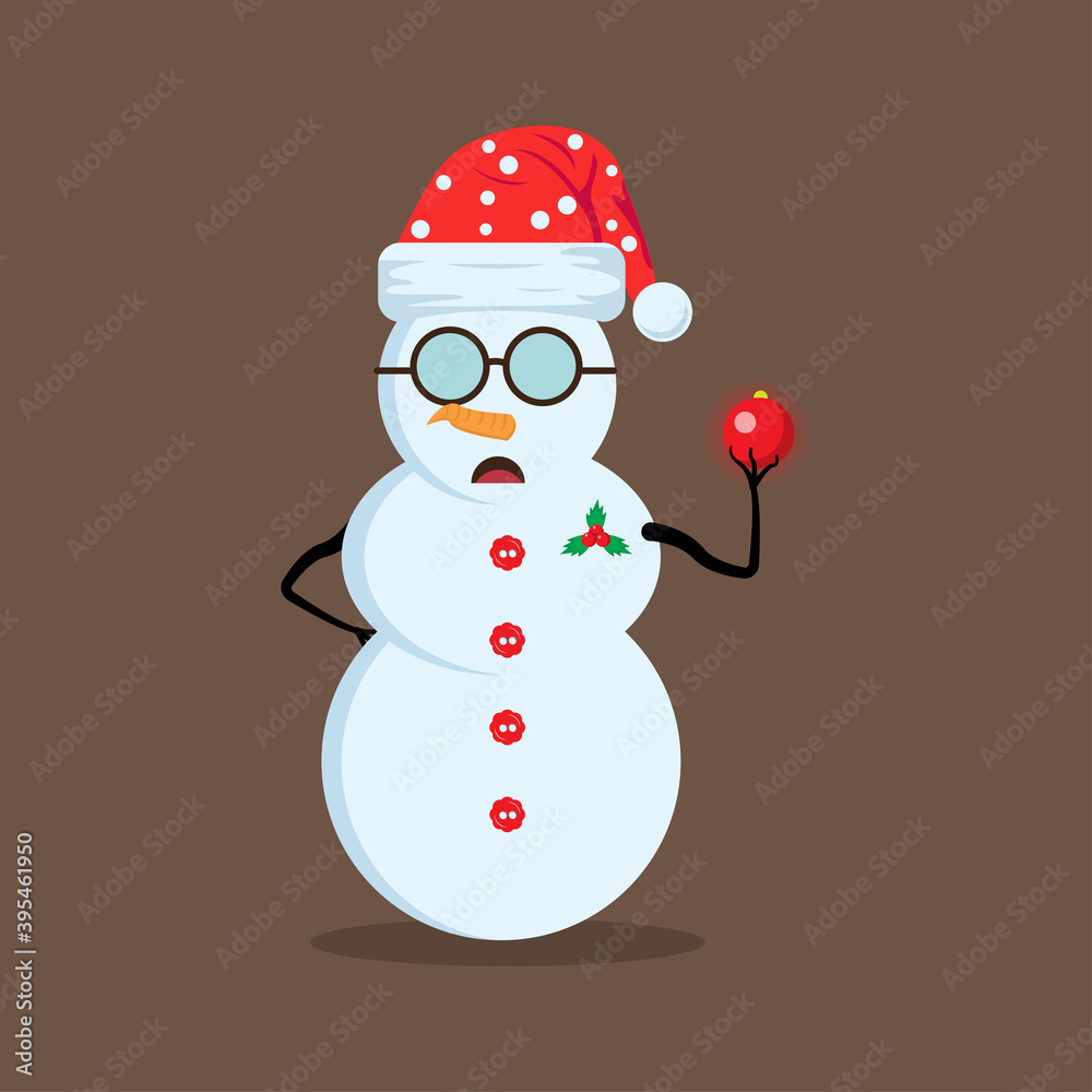 Illustration vector graphic of the cute snowman using santa claus hat holding christmas light. Blue background. Good for Christmas icons, Christmas stickers, Christmas book covers.
