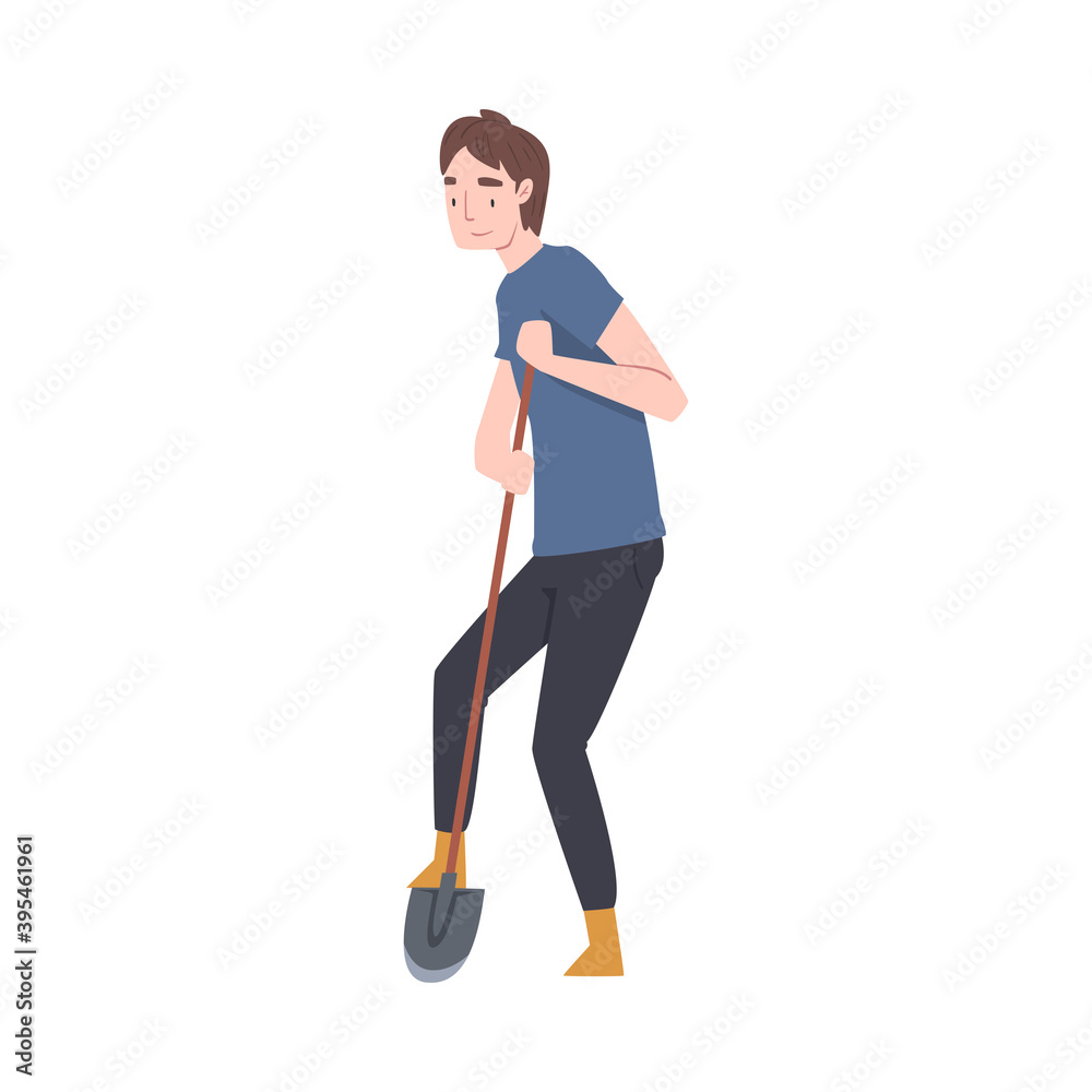 Young Man with Shovel Digging Soil Vector Illustration Young Man with Shovel Digging Soil Vector Illustration
