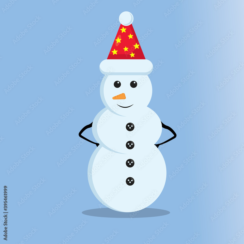 Illustration vector graphic of the cute snowman using star hat. Blue background. Good for Christmas icons, Christmas stickers, Christmas book covers.