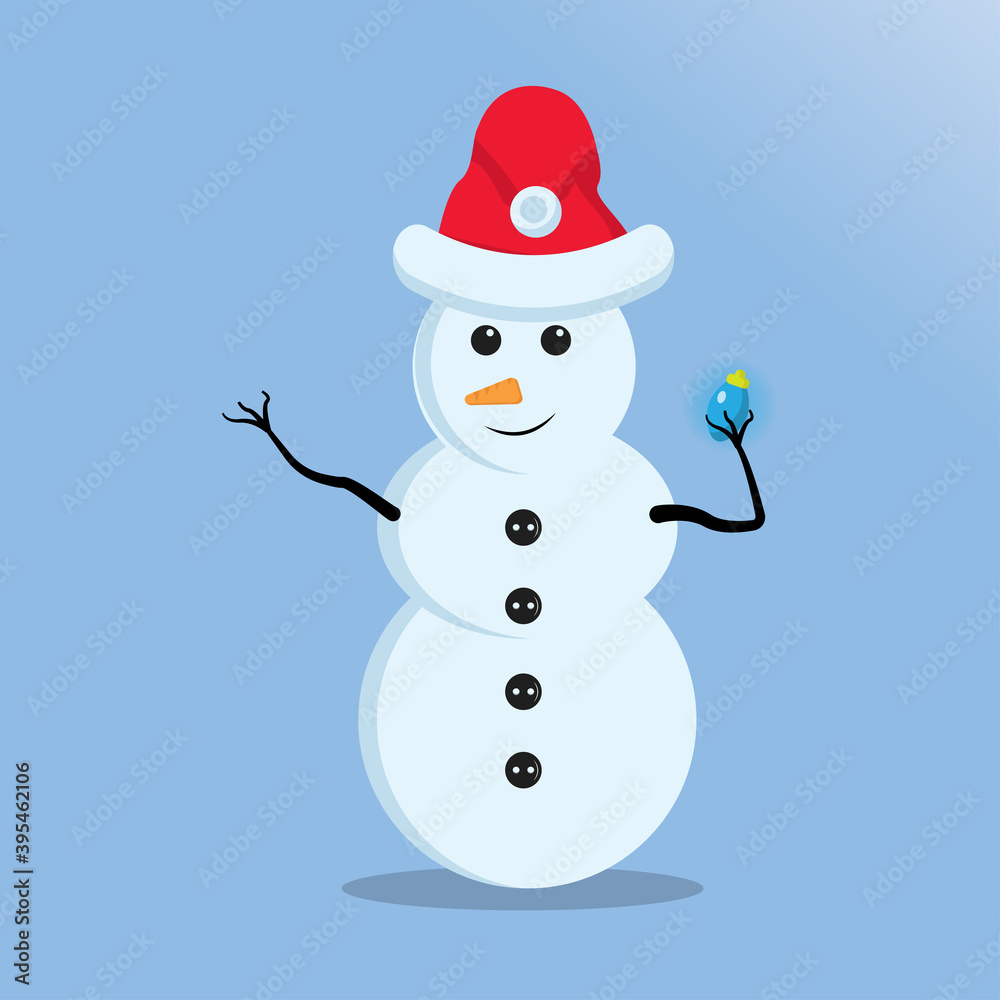 Illustration vector graphic of the cute snowman using santa claus hat holding christmas light. Blue background. Good for Christmas icons, Christmas stickers, Christmas book covers.