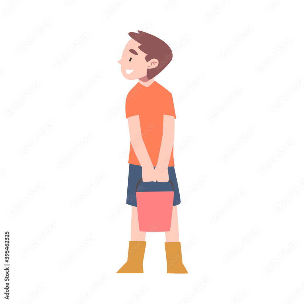 Little Boy in Rubber Boots Standing with Bucket Vector Illustration Little Boy in Rubber Boots Standing with Bucket Vector Illustration